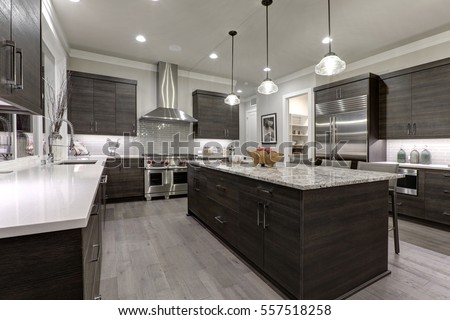 Modern gray kitchen features dark gray flat front cabinets paired with white quartz countertops and a glossy gray linear tile backsplash. Northwest, USA
 Royalty-Free Stock Photo #557518258