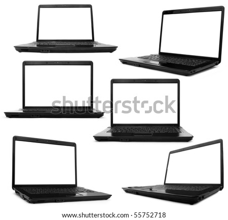 Collection of six black laptops on white background