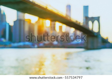 Defocused view of the New York skyline from Brooklyn Bridge Park