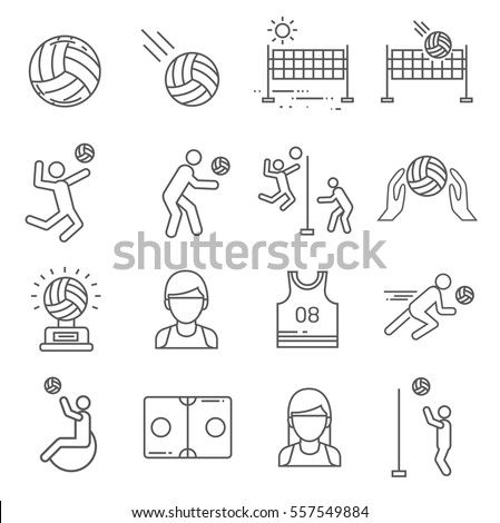 Set of volleyball Related Vector Line Icons. Includes such Icons as a ball, team, sports uniform, volleyball net, playing field, Cup, mesh, sports game