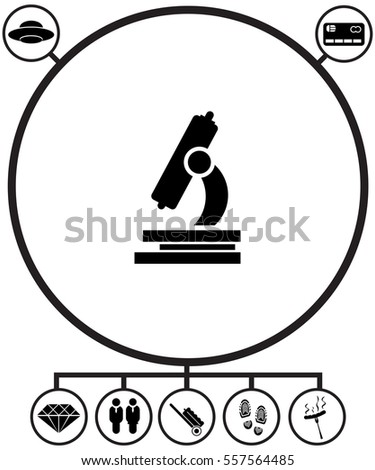 Microscope icon with bonus symbols on white background. 