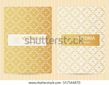 5x7 inch size cards in golden color. Vector luxury templates for restaurant menu, flyer, greeting card, brochure, book cover and any other decoration. Geometric backgrounds. 