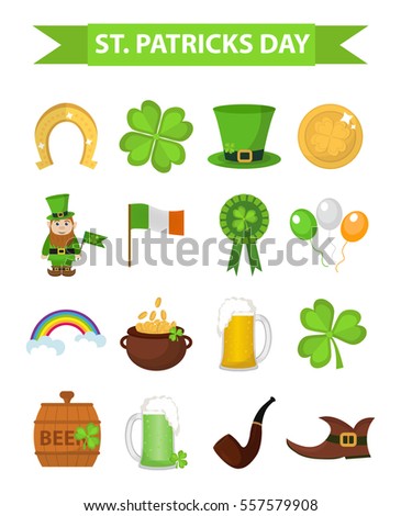 St. Patricks Day icon set design element. Traditional irish symbols in modern flat style. Isolated on white background. Vector illustration, clip art