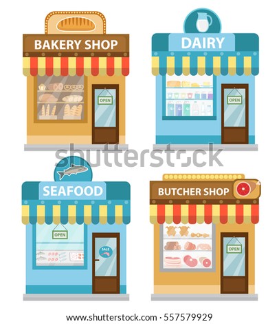 Stores building set, flat style. Shop collection isolated on white background. Fish products, meat, dairy, bakery. Vector illustration, clip art