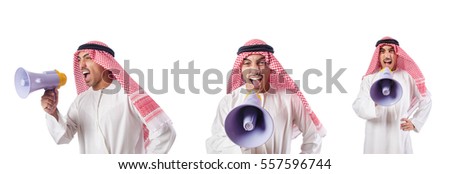 Arab businessman with bullhorn isolated on white Royalty-Free Stock Photo #557596744