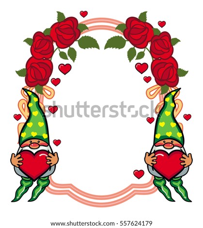 Oval label with roses and cute gnome holding heart. Design element for holiday decorations, greetings, Valentine day and birthday cards. Vector clip art.