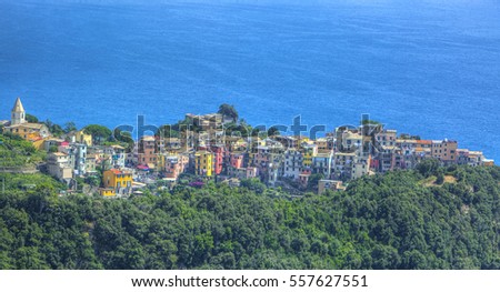 Beautiful view of the Corniglia village from the famous Cinque Terre on the Italian Riviera.