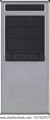 Front side of computer case made from silver steel, background and texture.