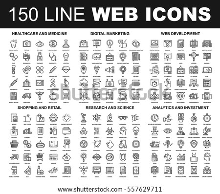 Vector set of 150 flat line web icons on following themes - healthcare and medicine, digital marketing, web development, shopping and retail, research and science, analytics and investment.