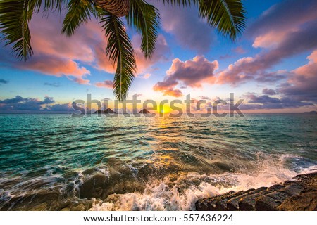 Beautiful Lanikai, Kailua Sunrise in Hawaii Royalty-Free Stock Photo #557636224