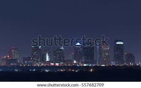 Night view of Tampa Florida skyline with lighted buildings and dark treeline in foreground
