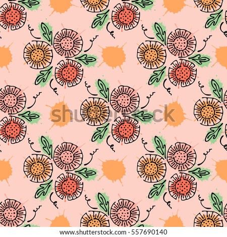 Vector seamless floral pattern with flowers, leaves, decorative elements, splash, blots, drop Hand drawn contour lines and strokes Doodle sketch style, graphic vector drawing illustration.