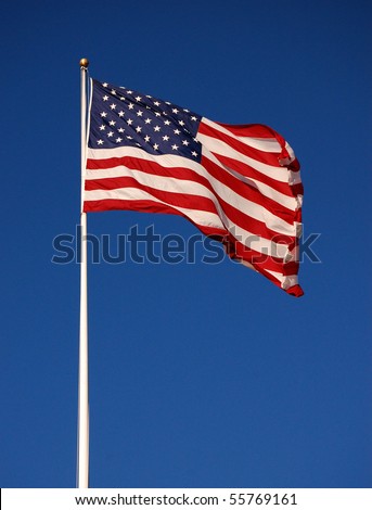 American flag flapping, with clear sky background, vertical
