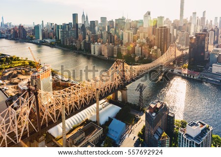 Aerial view of the Ed Koch Queensboro Bridge over the East River in New York City