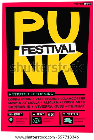 Punk Festival Poster (Flat Style Vector Illustration Music Design) Event Invitation with Venue and Time Details