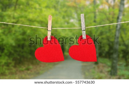 Red heart shape hanging, over the natural background. Love symbol