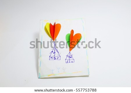 Photography of love 's card made from yellow, green, orange and red paper cut in heart shape, glue on white paper and decorated by draw music notes and human cartoons, isolated on white background