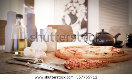 Hot pizza slice with melting cheese on a rustic wooden table close up photo