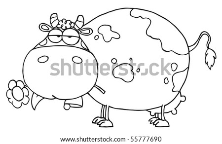 Outlined Chubby Cow Eating A Daisy Flower