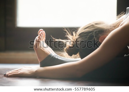 Young woman practicing yoga, sitting in Seated forward bend exercise, paschimottanasana pose, working out, wearing sportswear, grey pants, bra, indoor, home interior background, close up Royalty-Free Stock Photo #557789605