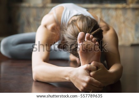 Close up of young woman practicing yoga, sitting in Head to Knee Forward Bend exercise, Janu Sirsasana pose, working out, wearing sportswear, grey pants, bra, indoor, home interior background Royalty-Free Stock Photo #557789635