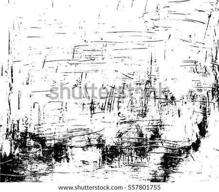 Distressed vector texture in monochrome palette. Paint stroke or ink grit on paper. Black dirt on white background. Obsolete marks overlay for vintage effect. Old canvas surface trace for retro design