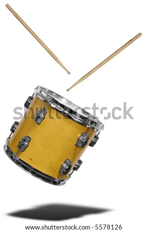 close up of side view of a snare drum floating with drum sticks isolated over white Royalty-Free Stock Photo #5578126