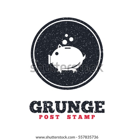 Grunge post stamp. Circle banner or label. Piggy bank sign icon. Moneybox symbol. Dirty textured web button. Vector
