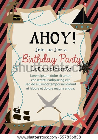 Pirate Happy Birthday invitation card template. Vector illustration