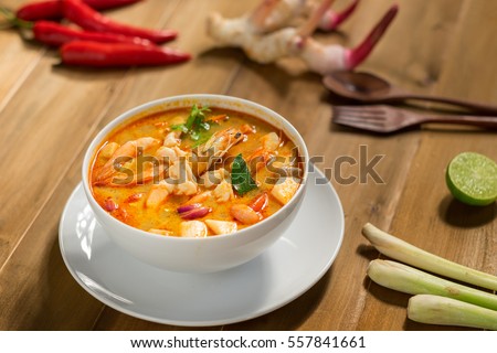 Tom yam kung or Tom yum, Tom yam is a spicy clear soup typical in Thailand,Popular food in Thailand Royalty-Free Stock Photo #557841661