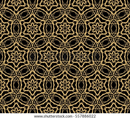 Golden floral geometric lace ornament on black background. Seamless vector illustration. For interior design, wallpaper