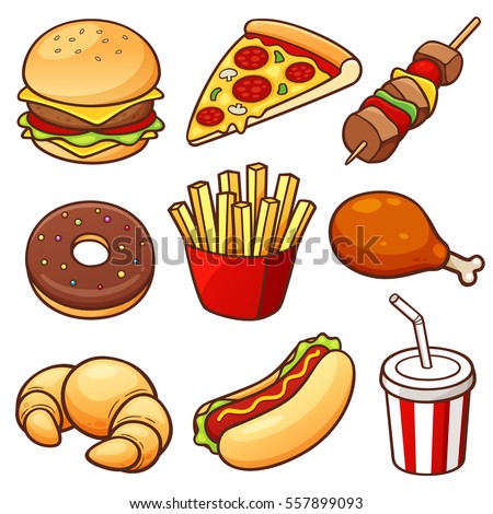 Vector illustration of Fast food set. Pizza, hamburger, fries potatoes, hot dog, chicken leg