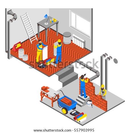 Interior repairs isometric composition with workers equipment and paint vector illustration 
