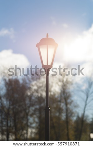 Street light in the park with sunshine and blue sky in the morning, autumn, russia, saint petersburg Royalty-Free Stock Photo #557910871