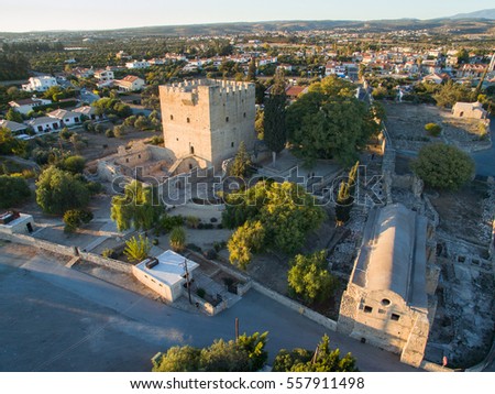 Aerial photo of Kolossi Medieval Castle in Limassol. Aerial shot of ancient Medieval Castle