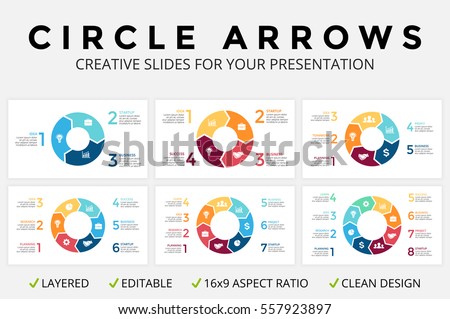 Vector circle arrows infographic, cycle diagram or graph, 16x9 slide presentation, pie chart. Business infographics template with 3, 4, 5, 6, 7, 8 options, parts, step, processes. Clean flat simple. Royalty-Free Stock Photo #557923897