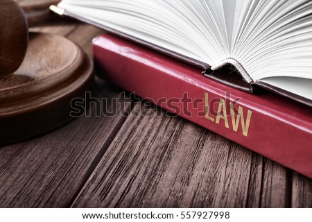 Law books on wooden table, closeup