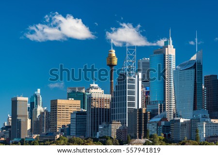 Sydney skyline with Sydney Tower and Sydney Business District skyscrapers on sunny day. Modern cityscape