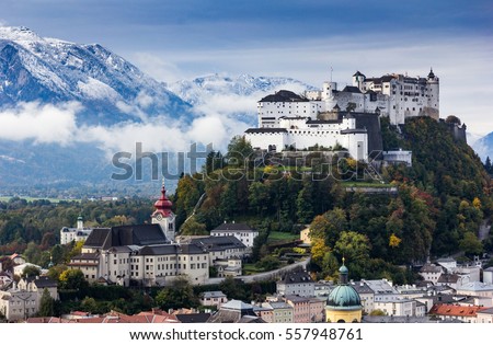 Beautiful view of Salzburg skyline with Festung Hohensalzburg and Salzach river in summer, Salzburg, Salzburger Land, Austria Royalty-Free Stock Photo #557948761