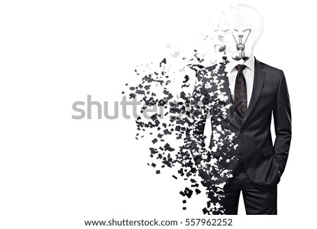 Lamp head man in suit spreading in particles.
