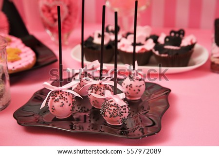 Table with tasty sweets prepared for party, closeup