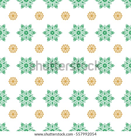 Flat snow doodle icons, snow flakes silhouette in yellow and green colors for christmas banner, cards. New year 2018 snowflake. Cute abstract seamless snowflakes vector design on white background.