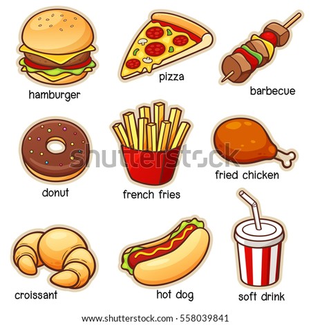 Vector illustration of Vocabulary Fast food set. Pizza, hamburger, fries potatoes, hot dog, chicken leg