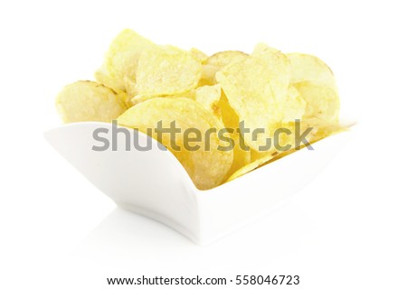 Salted potato chips in the bowl on white background