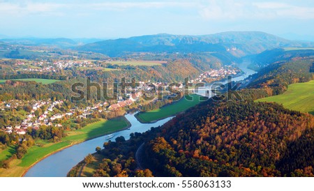 color panoramic photography of Elbe river, Germany and woods and villages from the top view