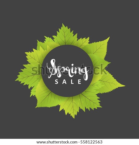 Spring Sale Poster With Green Leaf. Vector banner Template Illustration. Black gray background
