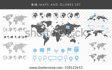 Big set of maps and globes. Pins collection. Different effects. Transparent Vector illustration.