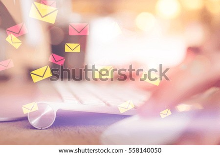 Business economic technology working connect concept. Close up woman hand using keyboard personal computer double exposure email draw graphic bokeh background. Vintage tone filter effect color style. 