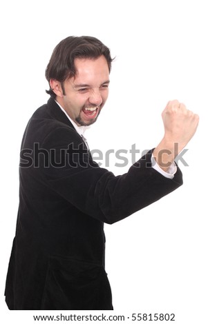 Laughing businessman with hand clenched as fist. Studio shot taken against isolated white background. A picture of excitement, victory, success, a winner in business.