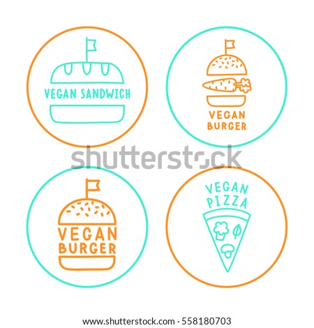 Set of linear vegan badges. Burger, pizza, sandwich. Isolated on white. 